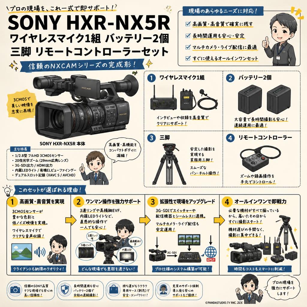 SONY HXR-NX5R ワイヤレスマイク1組 バッテリー2個 三脚 リモート