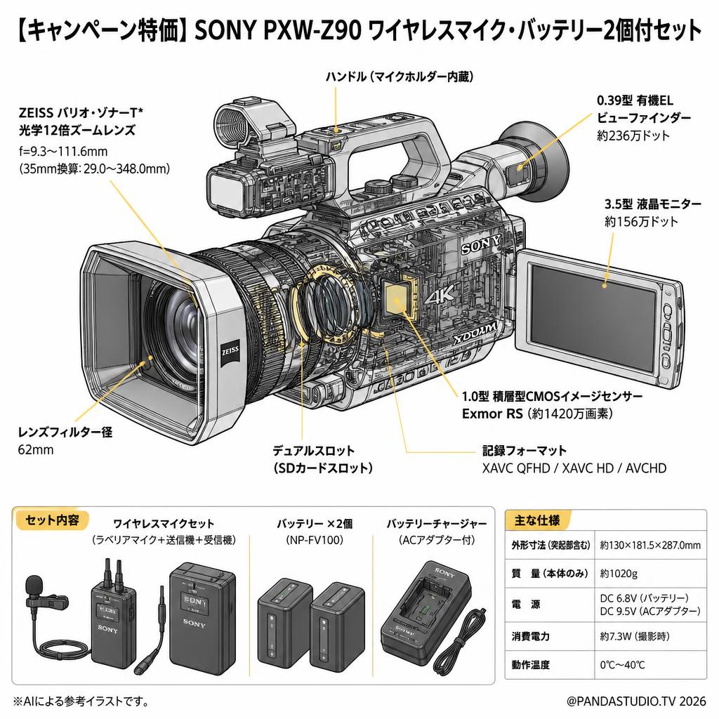 【キャンペーン特価】SONY PXW-Z90 ワイヤレスマイク・バッテリー2個付セット スペック