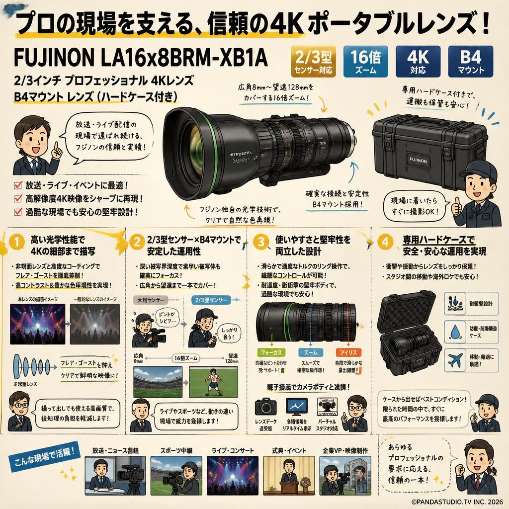 FUJINON LA16x8BRM-XB1A 2/3" Professional 4K Lens B4マウント レンズ(ハードケース付き) 概要