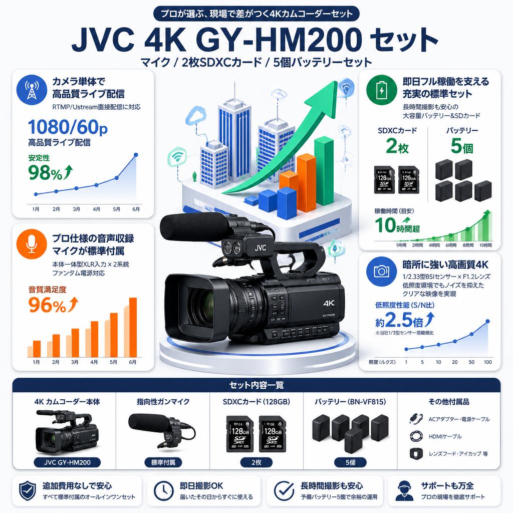JVC  4K GY-HM200 / マイク / 2枚SDXCカード / 5個バッテリーセット セールスポイント