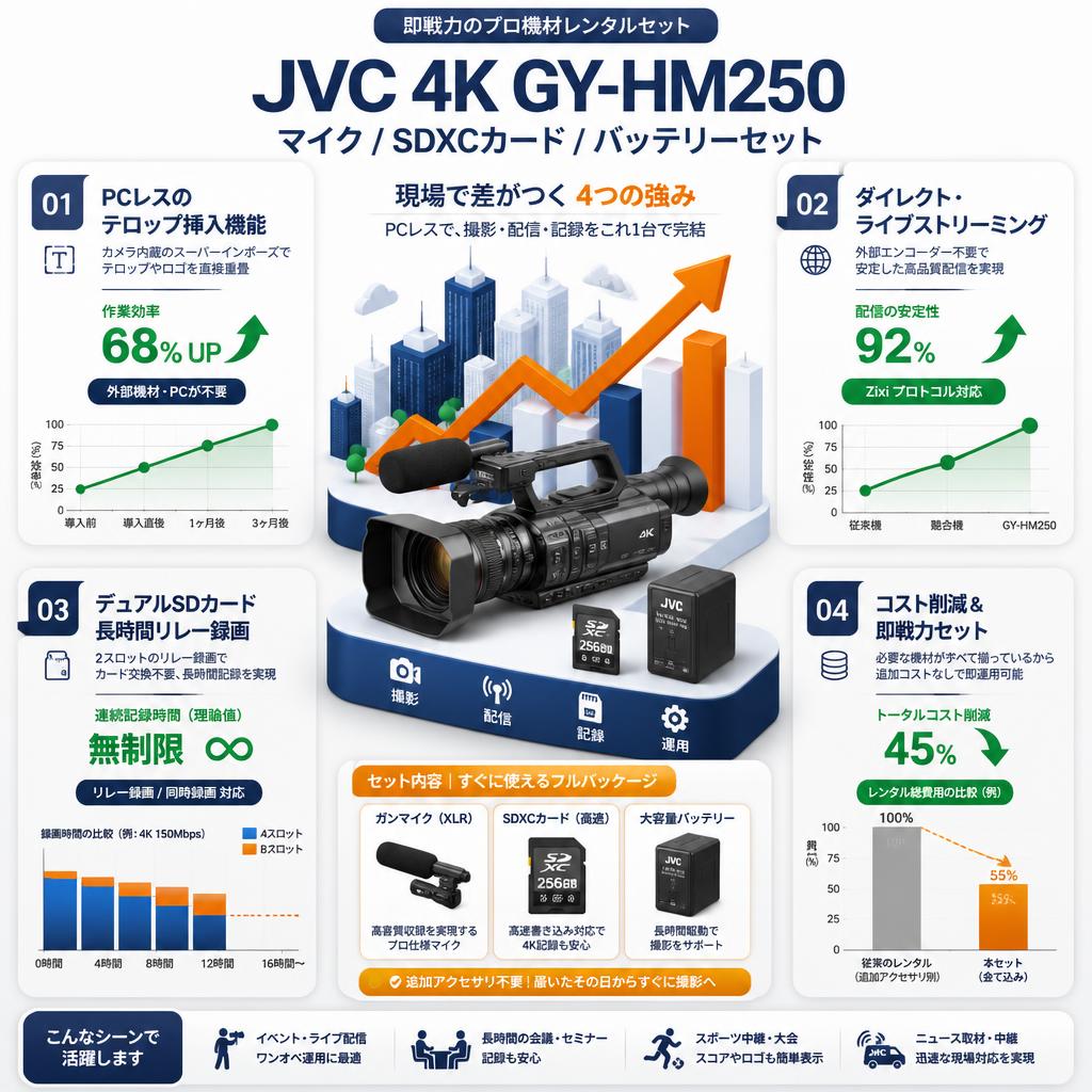 JVC 4K GY-HM250 / マイク / SDXCカード / バッテリーセット セールスポイント
