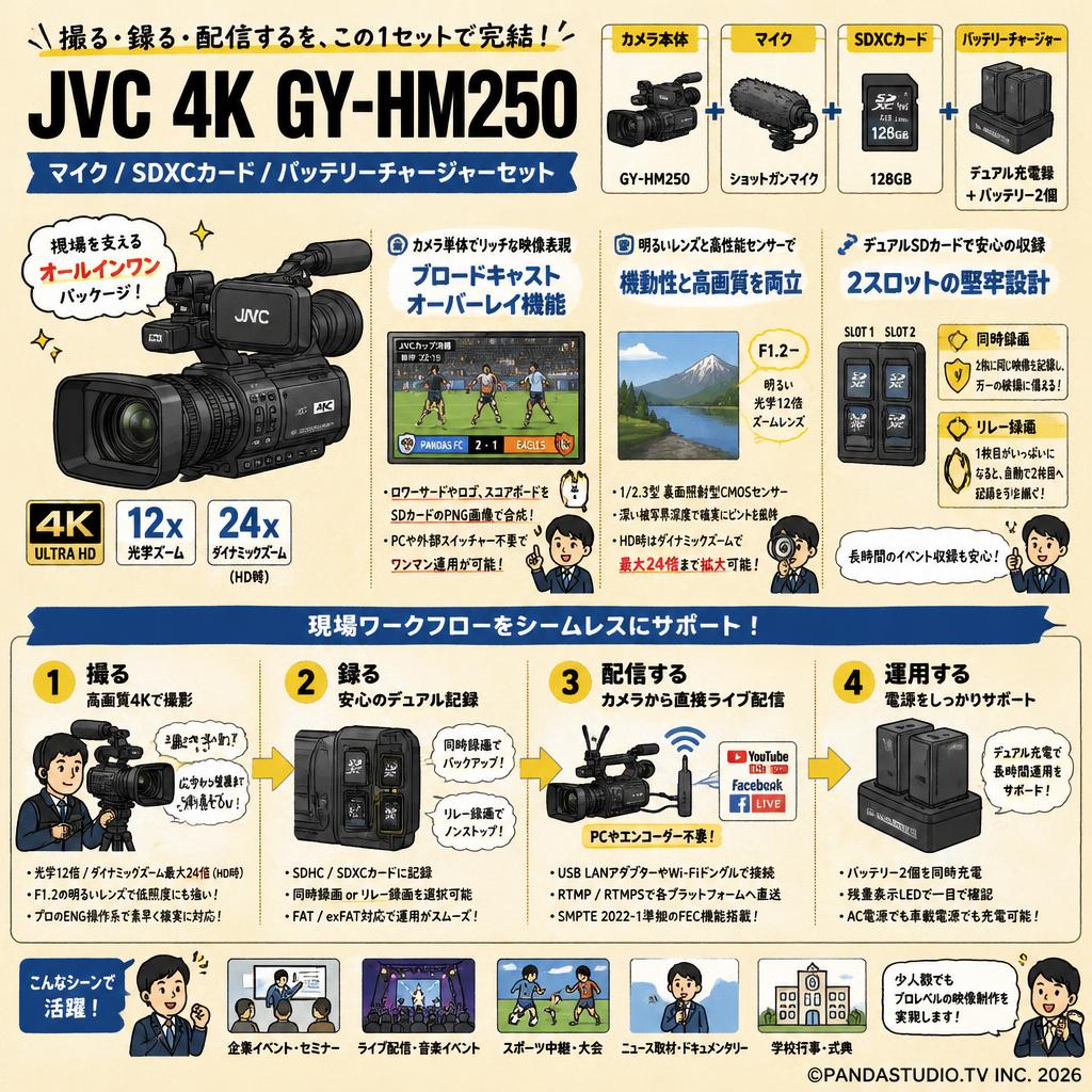 JVC 4K GY-HM250 / マイク / SDXCカード / バッテリーチャージャーセット 概要