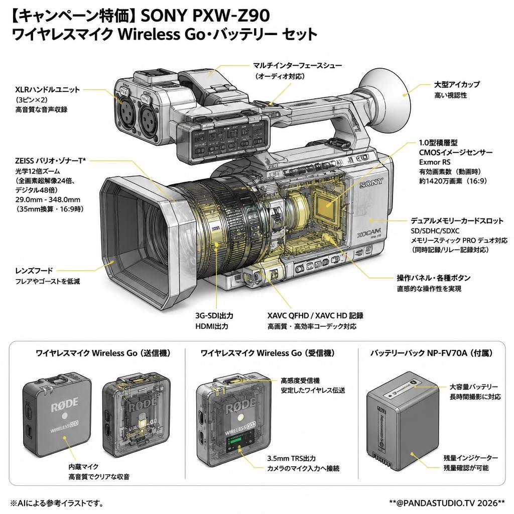 【キャンペーン特価】SONY PXW-Z90 ワイヤレスマイク Wireless Go・バッテリー セット スペック