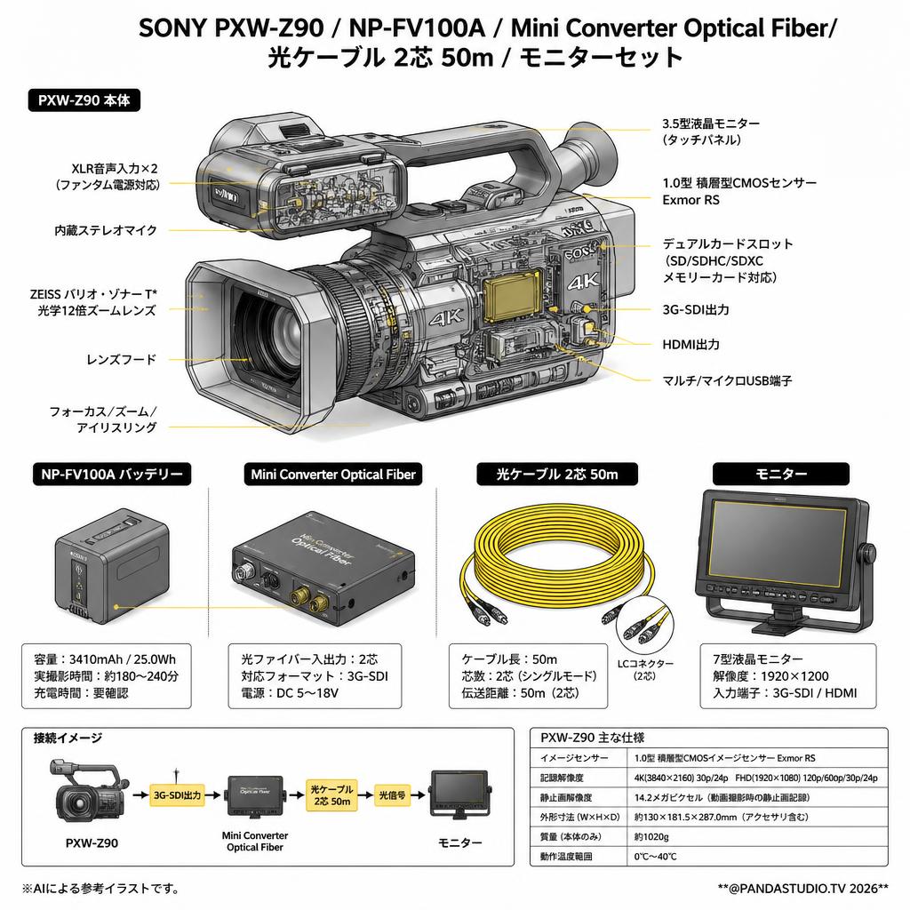 SONY PXW-Z90 /  NP-FV100A /  Mini Converter Optical Fiber/ 光ケーブル 2芯 50m /モニターセット スペック