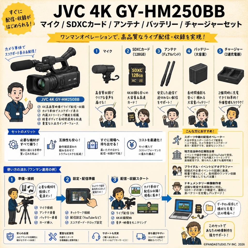 JVC 4K GY-HM250BB / マイク / SDXCカード / アンテナ / バッテリー / チャージャーセット おもな対象のお客様