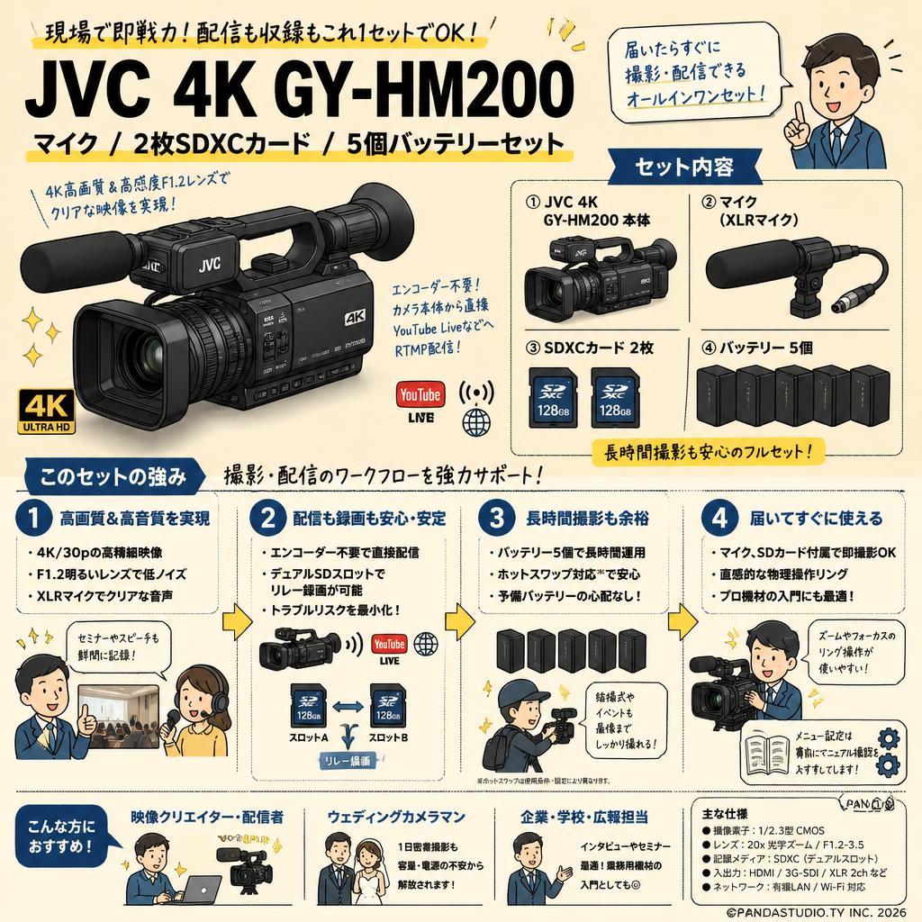 JVC  4K GY-HM200 / マイク / 2枚SDXCカード / 5個バッテリーセット インターネット上のお客様の声（評判）