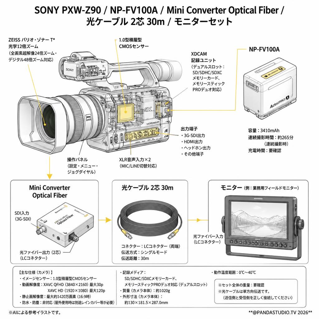 SONY PXW-Z90 /  NP-FV100A / Mini Converter Optical Fiber / 光ケーブル 2芯 30m / モニターセット スペック