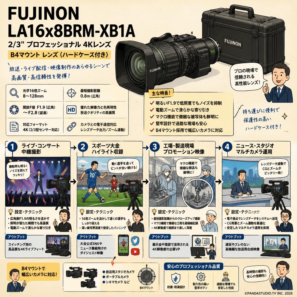 FUJINON LA16x8BRM-XB1A 2/3" Professional 4K Lens B4マウント レンズ(ハードケース付き) 用途
