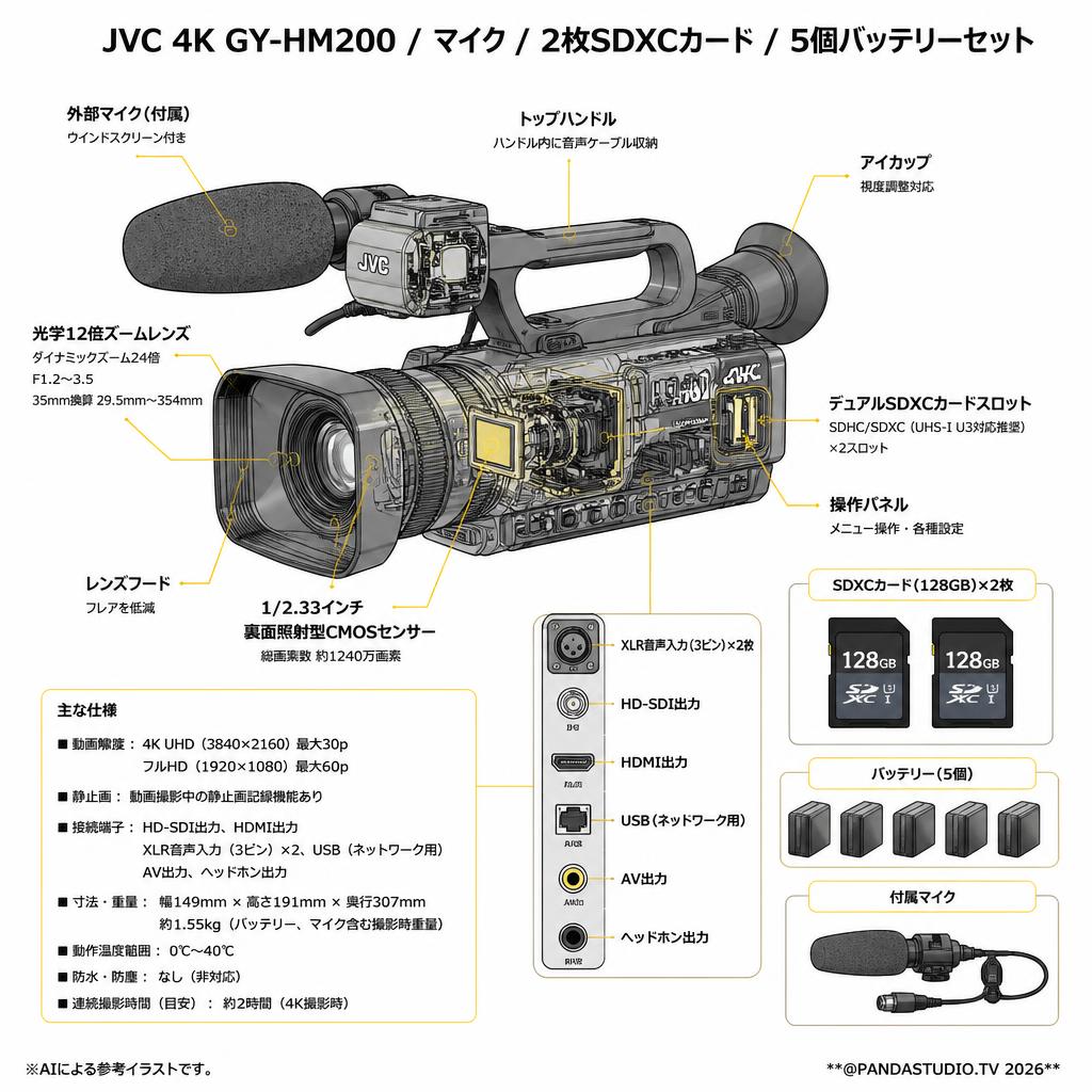 JVC  4K GY-HM200 / マイク / 2枚SDXCカード / 5個バッテリーセット スペック