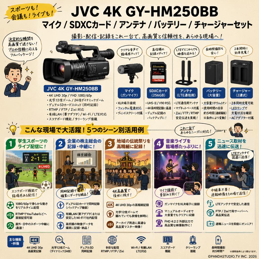 JVC 4K GY-HM250BB / マイク / SDXCカード / アンテナ / バッテリー / チャージャーセット 用途