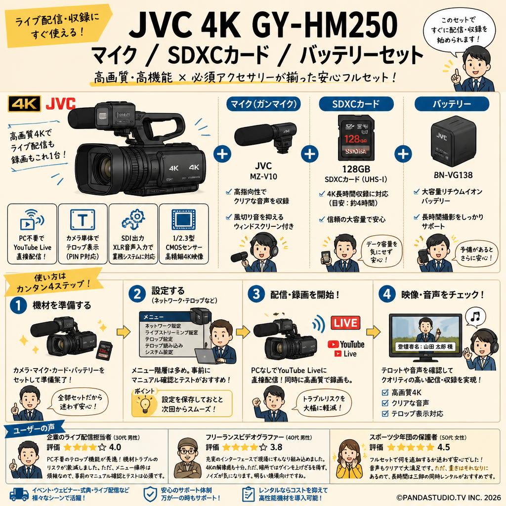 JVC 4K GY-HM250 / マイク / SDXCカード / バッテリーセット インターネット上のお客様の声（評判）