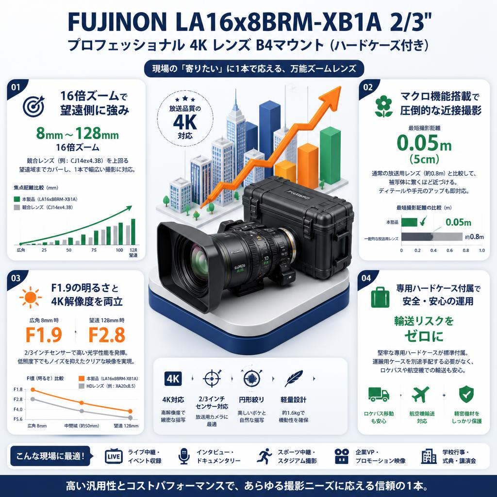 FUJINON LA16x8BRM-XB1A 2/3" Professional 4K Lens B4マウント レンズ(ハードケース付き) セールスポイント