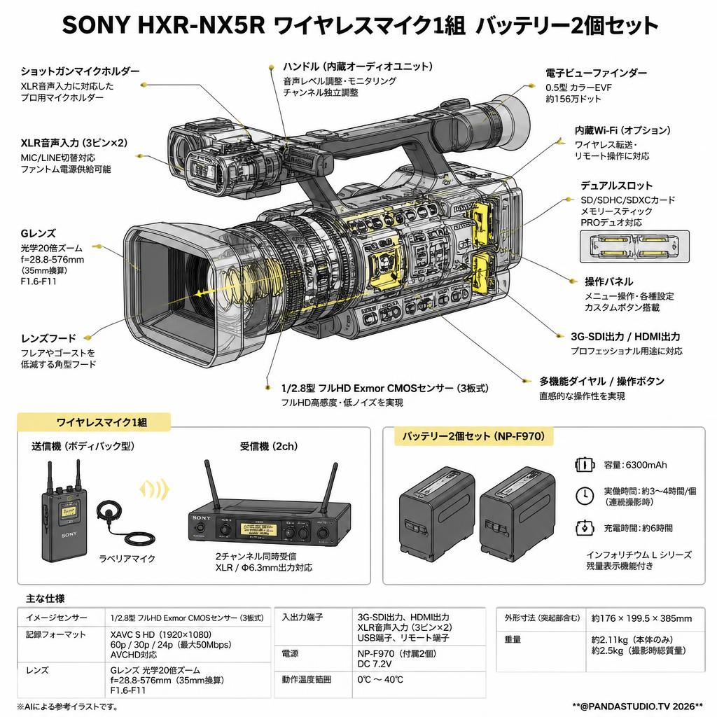 SONY HXR-NX5R ワイヤレスマイク1組  バッテリー2個セット スペック