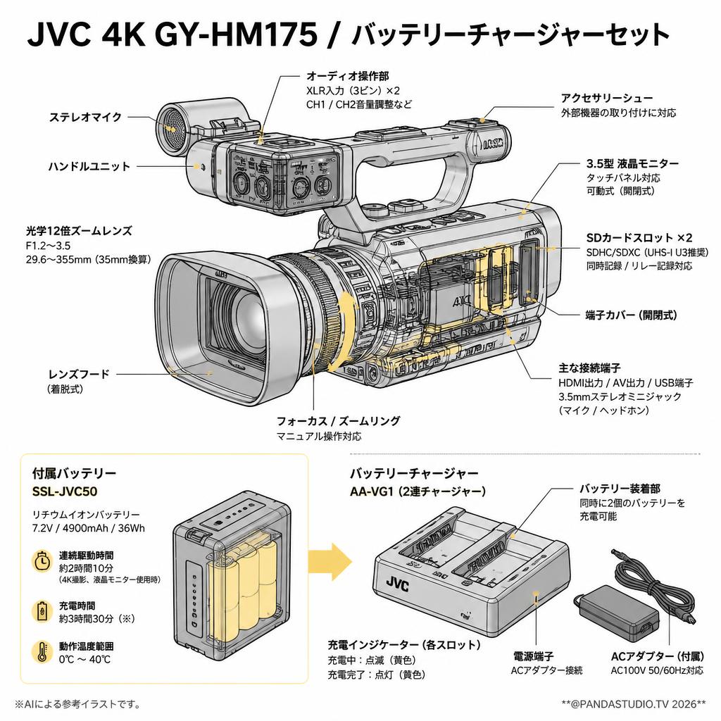 JVC 4K GY-HM175 / バッテリーチャージャーセット スペック