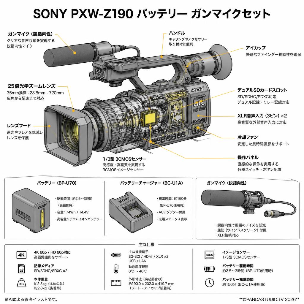 SONY PXW-Z190 バッテリー ガンマイクセット スペック