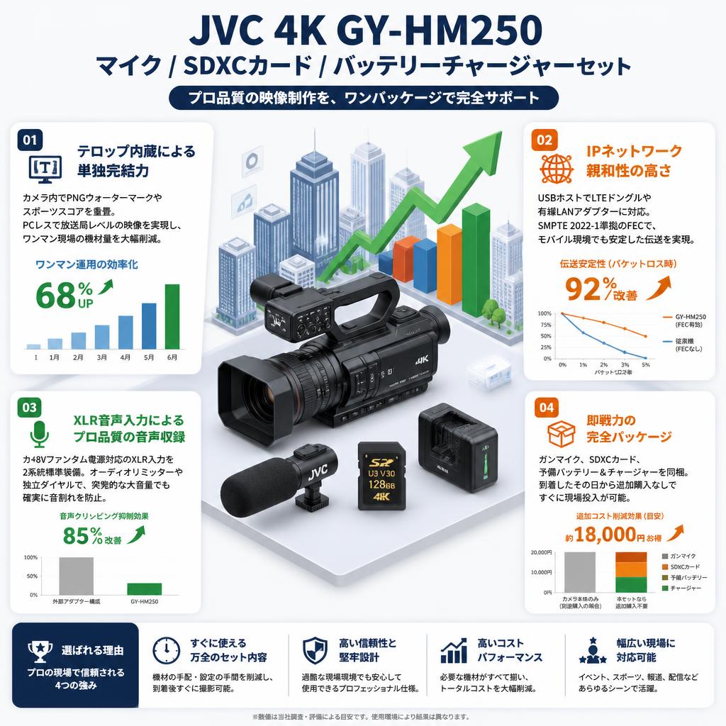 JVC 4K GY-HM250 / マイク / SDXCカード / バッテリーチャージャーセット セールスポイント