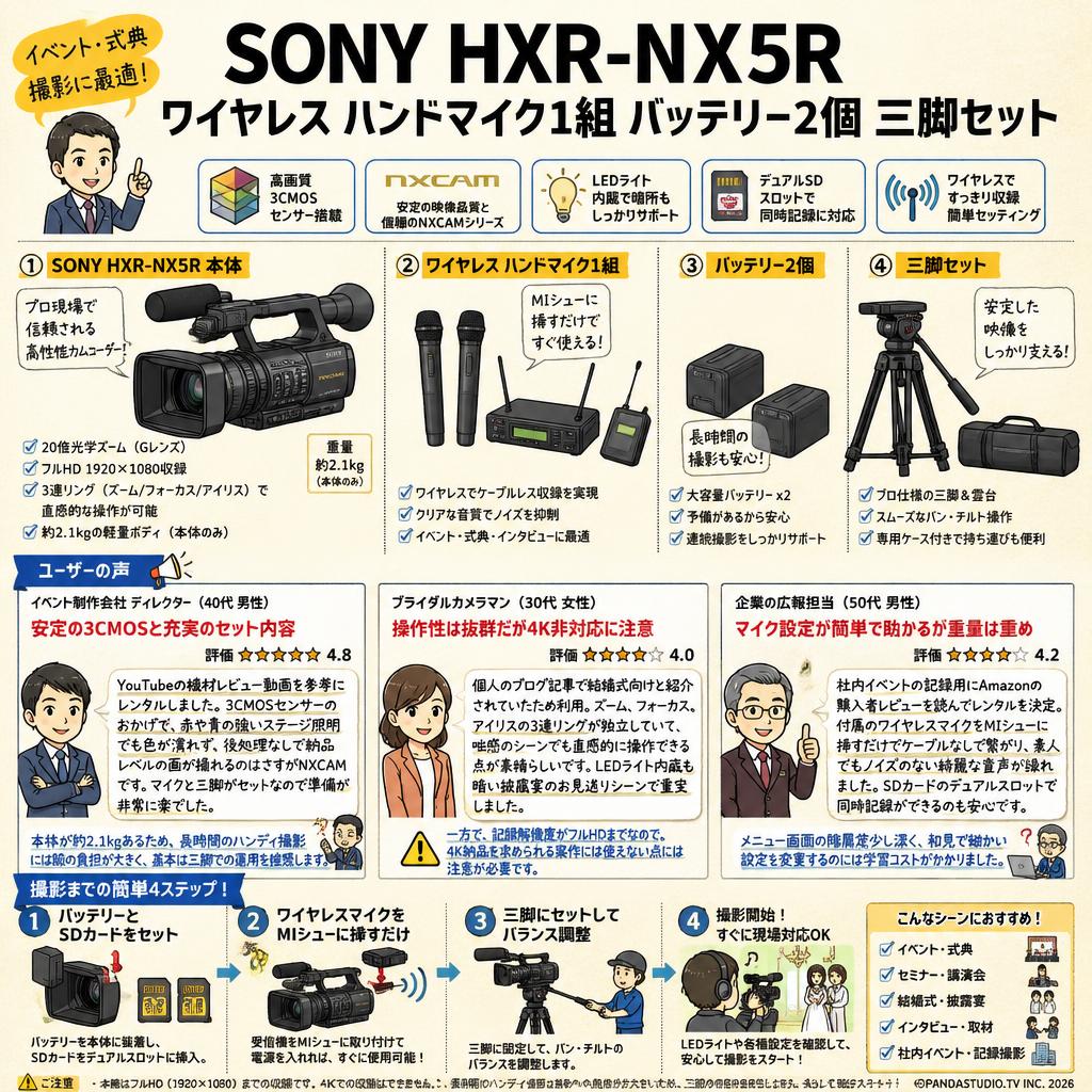 SONY HXR-NX5R ワイヤレス ハンドマイク1組  バッテリー2個 三脚セット インターネット上のお客様の声（評判）