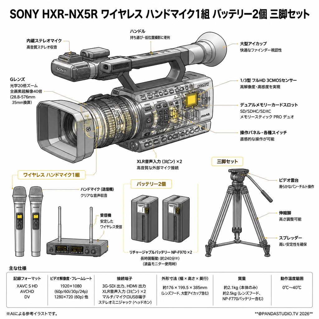 SONY HXR-NX5R ワイヤレス ハンドマイク1組  バッテリー2個 三脚セット スペック
