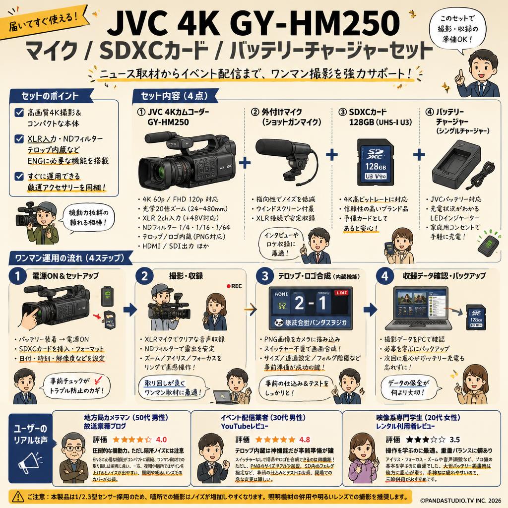 JVC 4K GY-HM250 / マイク / SDXCカード / バッテリーチャージャーセット インターネット上のお客様の声（評判）