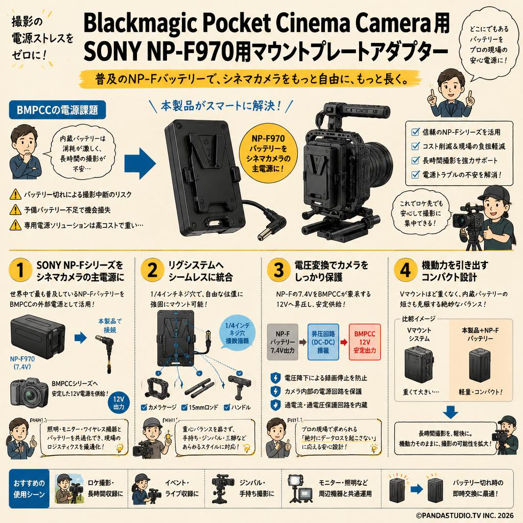 Blackmagic Pocket Cinema Camera 用 SONY NP-F970用マウントプレートアダプター 概要