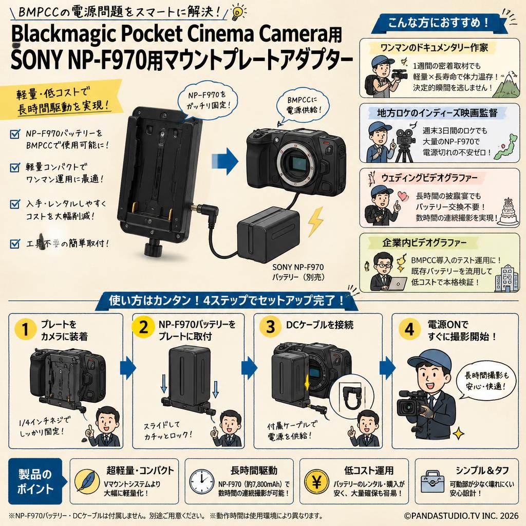 Blackmagic Pocket Cinema Camera 用 SONY NP-F970用マウントプレートアダプター おもな対象のお客様