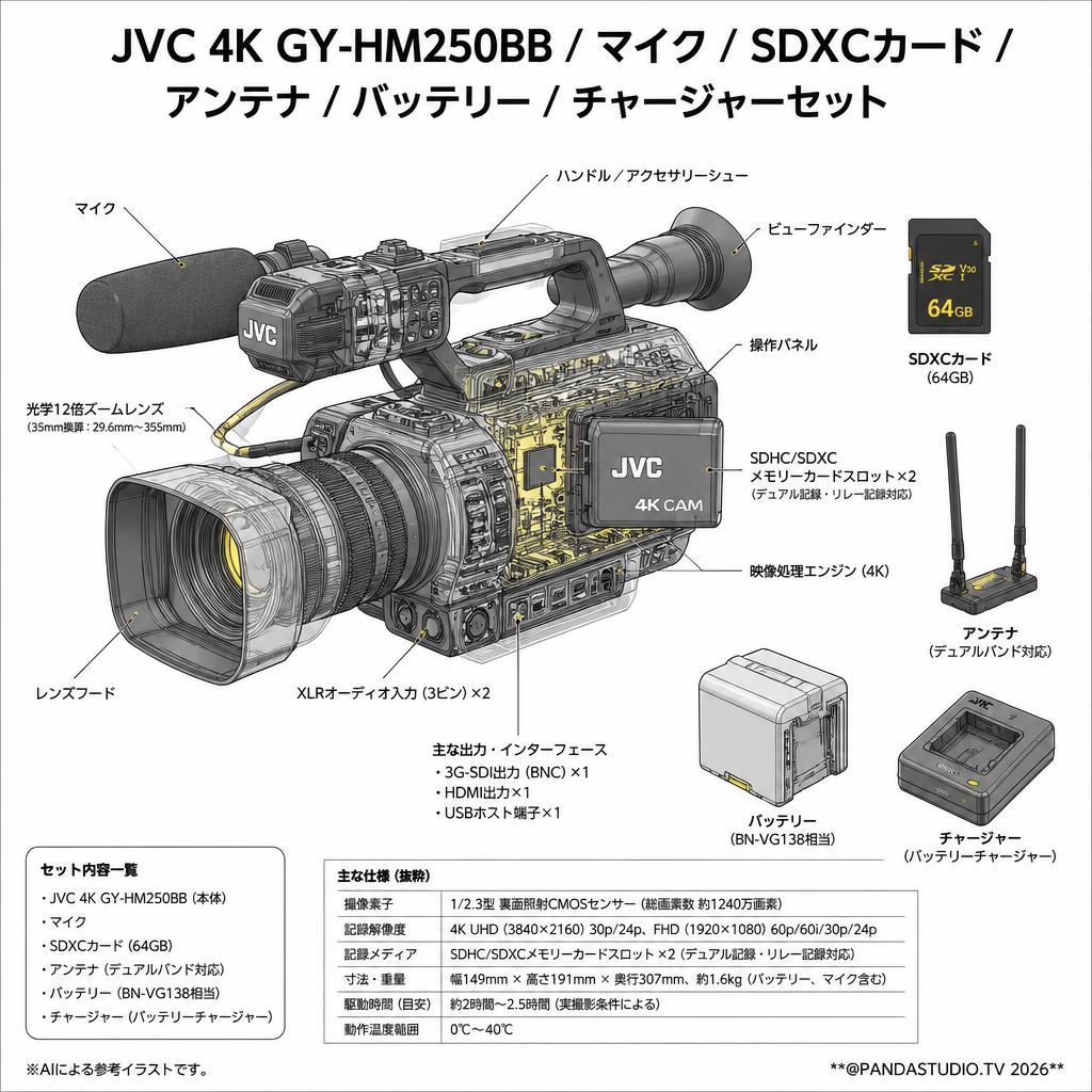 JVC 4K GY-HM250BB / マイク / SDXCカード / アンテナ / バッテリー / チャージャーセット スペック
