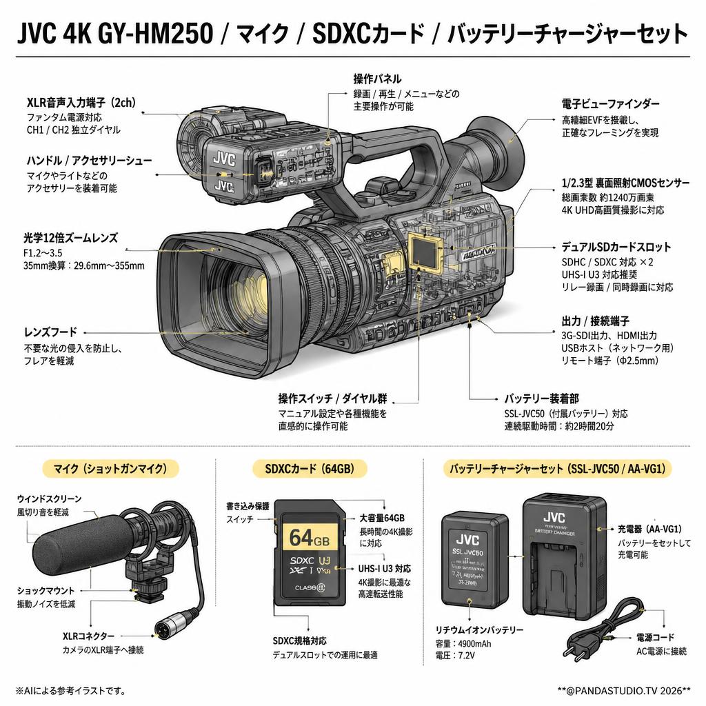 JVC 4K GY-HM250 / マイク / SDXCカード / バッテリーチャージャーセット スペック