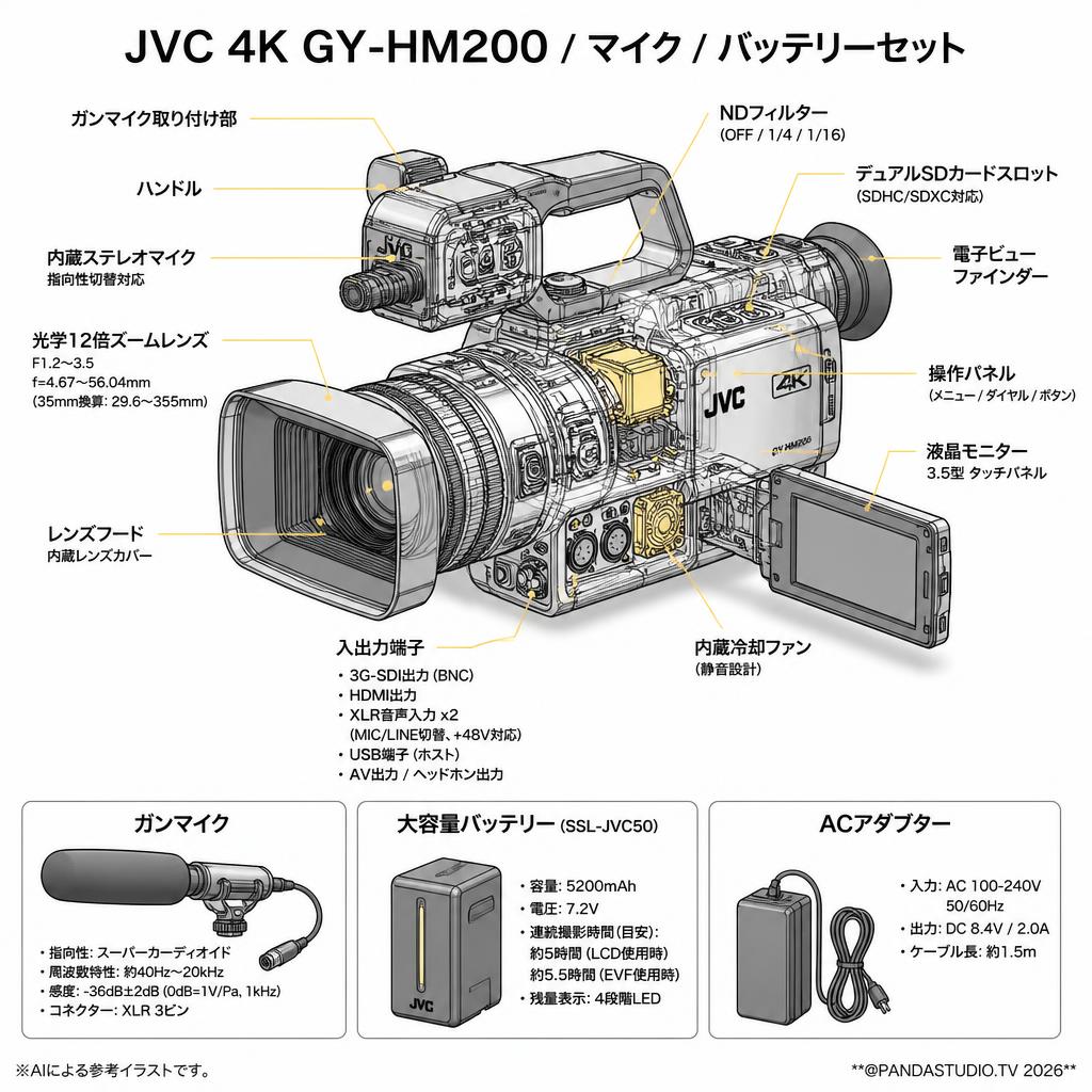 JVC 4K GY-HM200 / マイク / バッテリーセット スペック