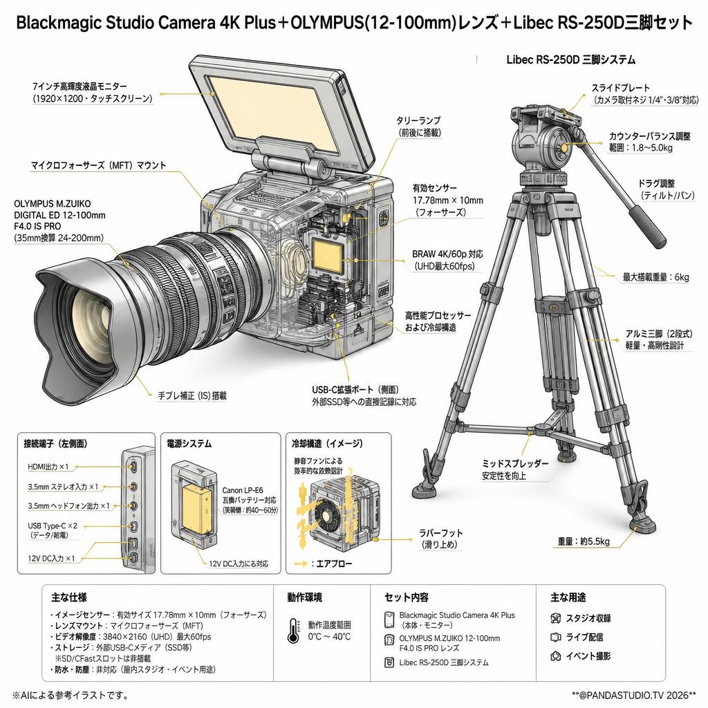 Blackmagic Studio Camera 4K Plus＋OLYMPUS(12-100mm)レンズ＋Libec  RS-250D三脚セット スペック