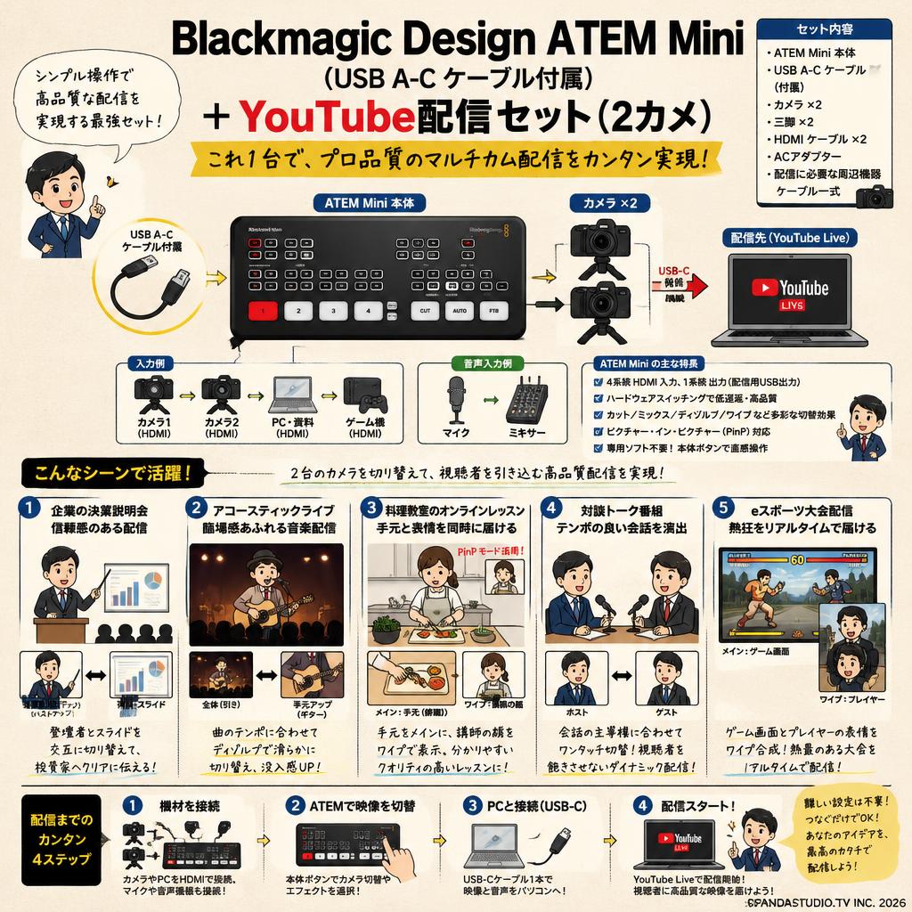 Blackmagic Design ATEM Mini（USB A-C ケーブル付属） ＋ Youtube配信セット（2カメ） 用途