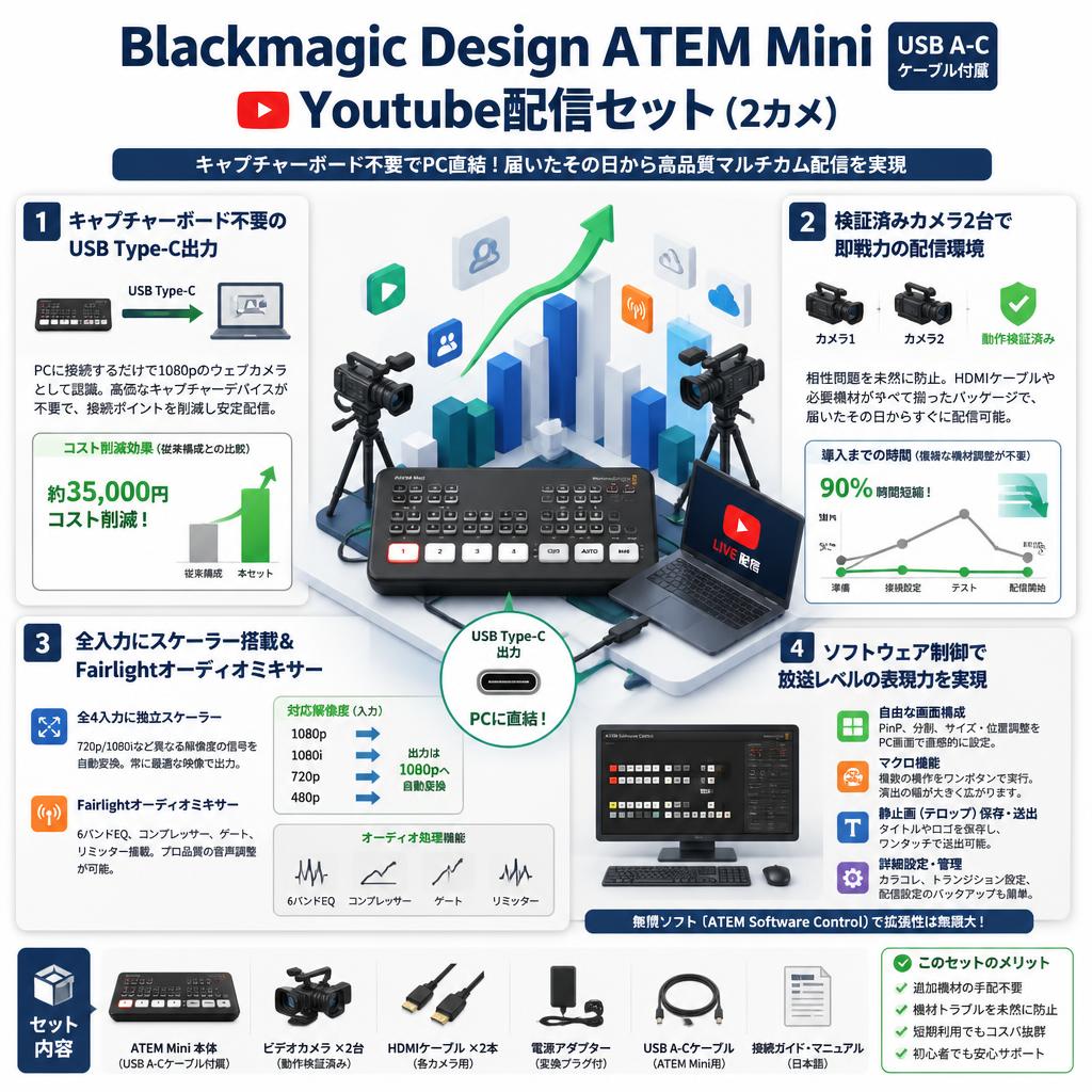 Blackmagic Design ATEM Mini（USB A-C ケーブル付属） ＋ Youtube配信セット（2カメ） セールスポイント