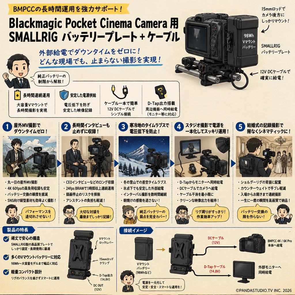 Blackmagic Pocket Cinema Camera 用 SMALLRIG バッテリープレート ＋ ケーブル 用途