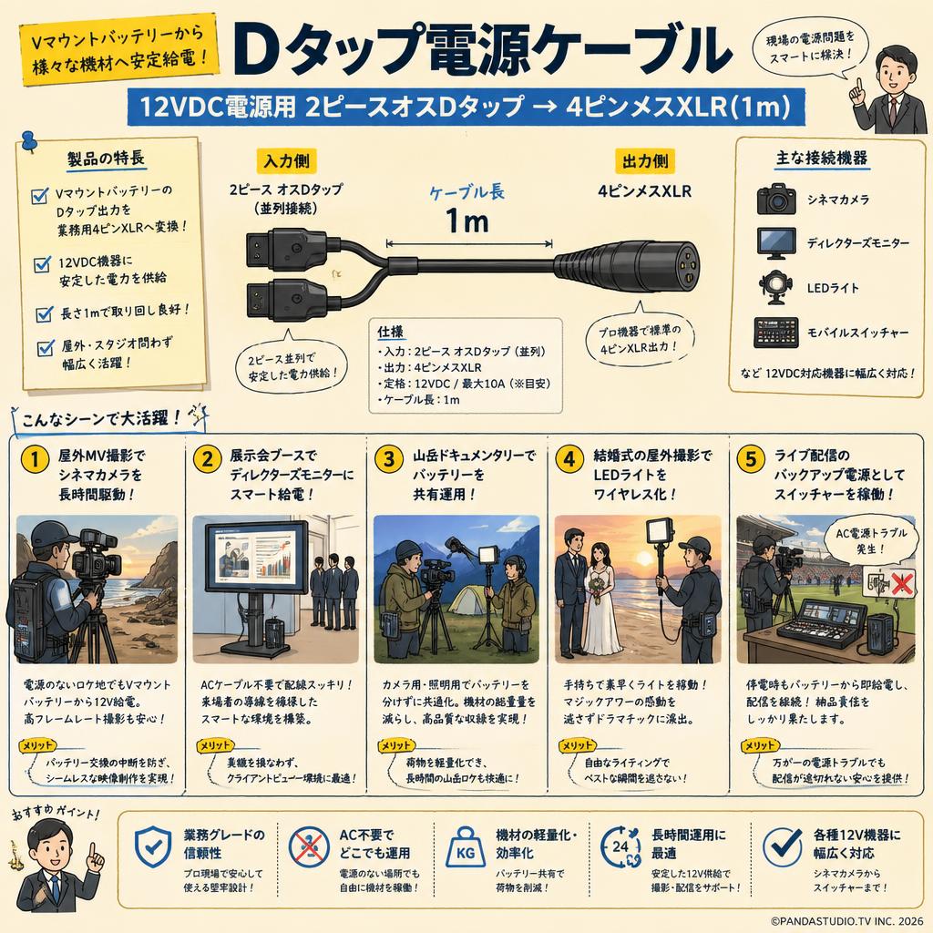 Dタップ電源ケーブル 12VDC電源用 2ピースオスDタップ → 4ピンメスXLR(1m) 用途