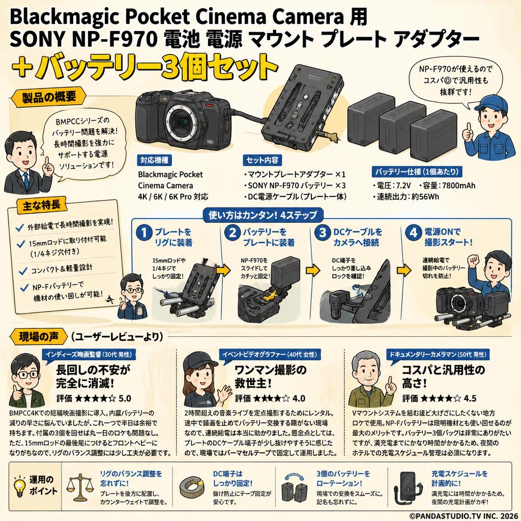 Blackmagic Pocket Cinema Camera 用 SONY NP F970 電池 電源 マウント プレート アダプター ＋バッテリー3個セット インターネット上のお客様の声（評判）