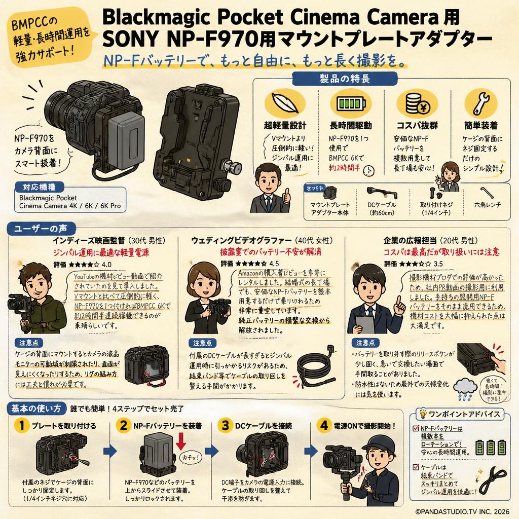 Blackmagic Pocket Cinema Camera 用 SONY NP-F970用マウントプレートアダプター インターネット上のお客様の声（評判）
