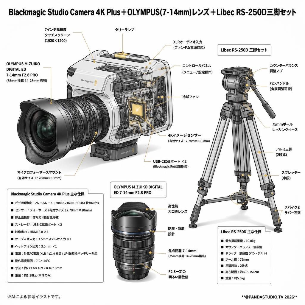 Blackmagic Studio Camera 4K Plus＋OLYMPUS(7-14mm)レンズ＋Libec  RS-250D三脚セット スペック
