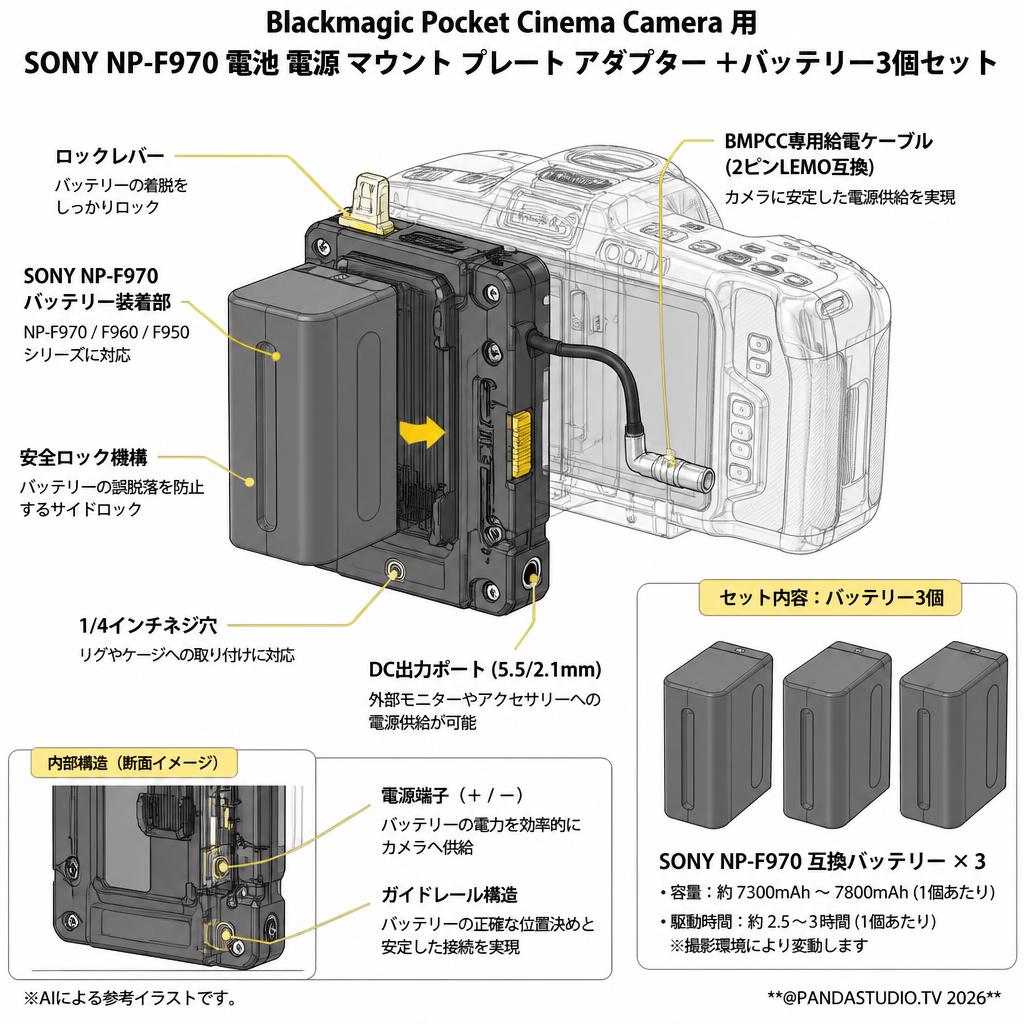 Blackmagic Pocket Cinema Camera 用 SONY NP F970 電池 電源 マウント プレート アダプター ＋バッテリー3個セット スペック