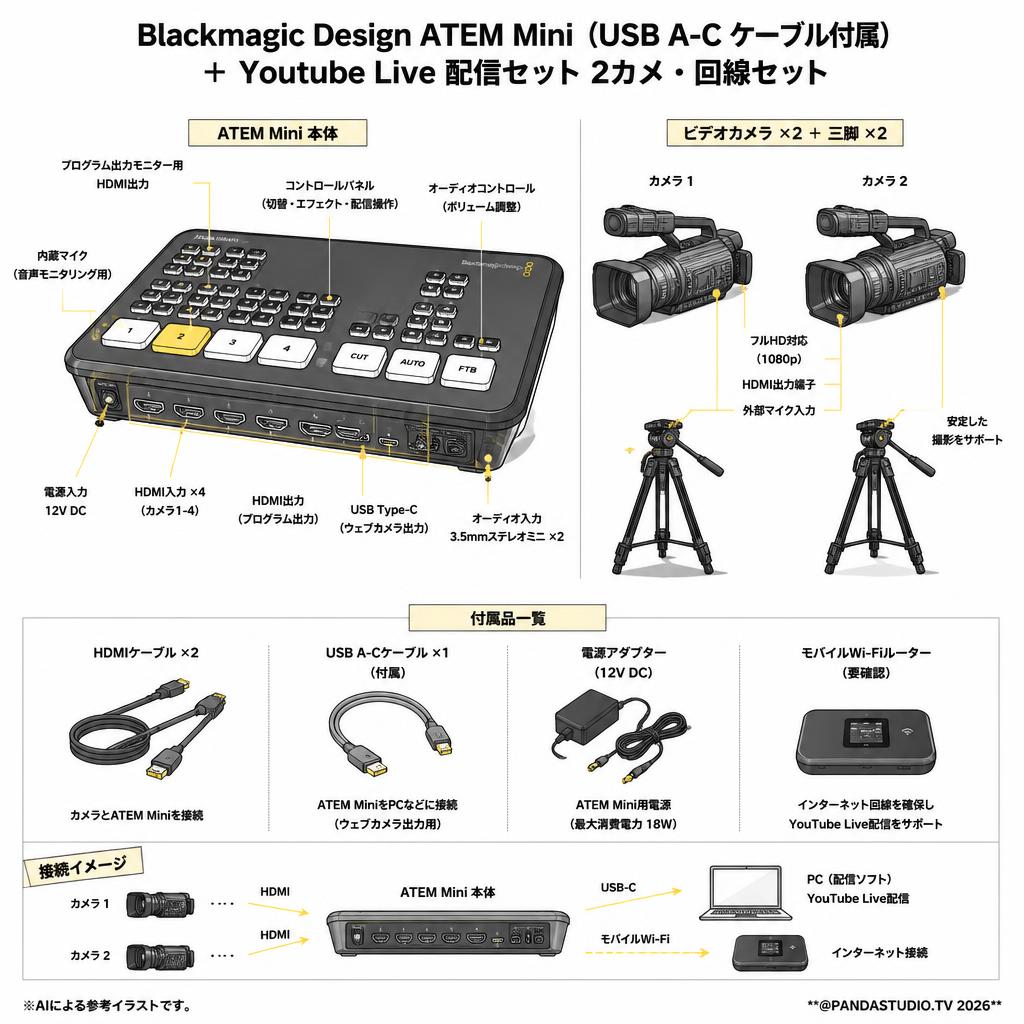 Blackmagic Design ATEM Mini（USB A-C ケーブル付属） ＋ Youtube Live 配信セット 2カメ・回線セット スペック