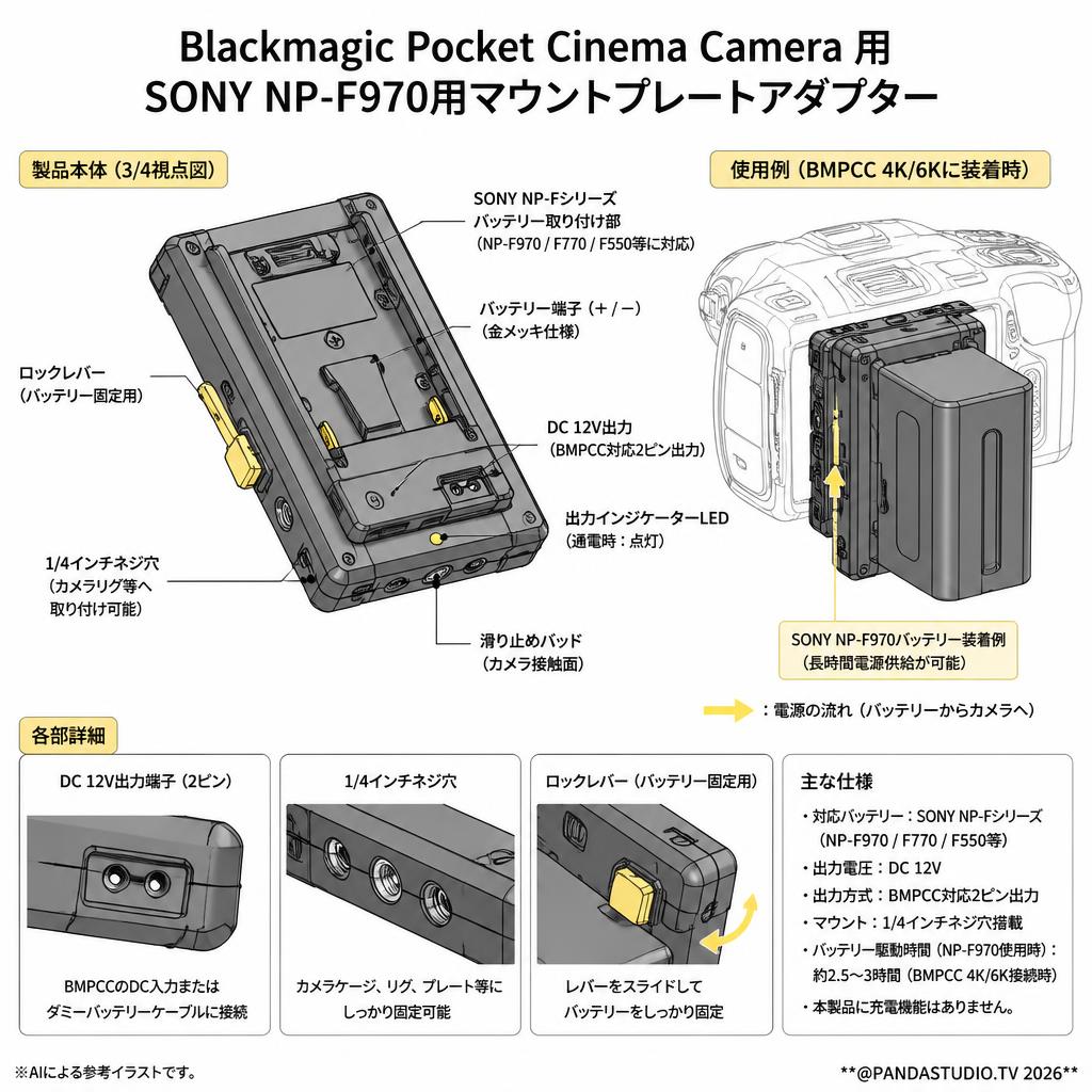 Blackmagic Pocket Cinema Camera 用 SONY NP-F970用マウントプレートアダプター スペック