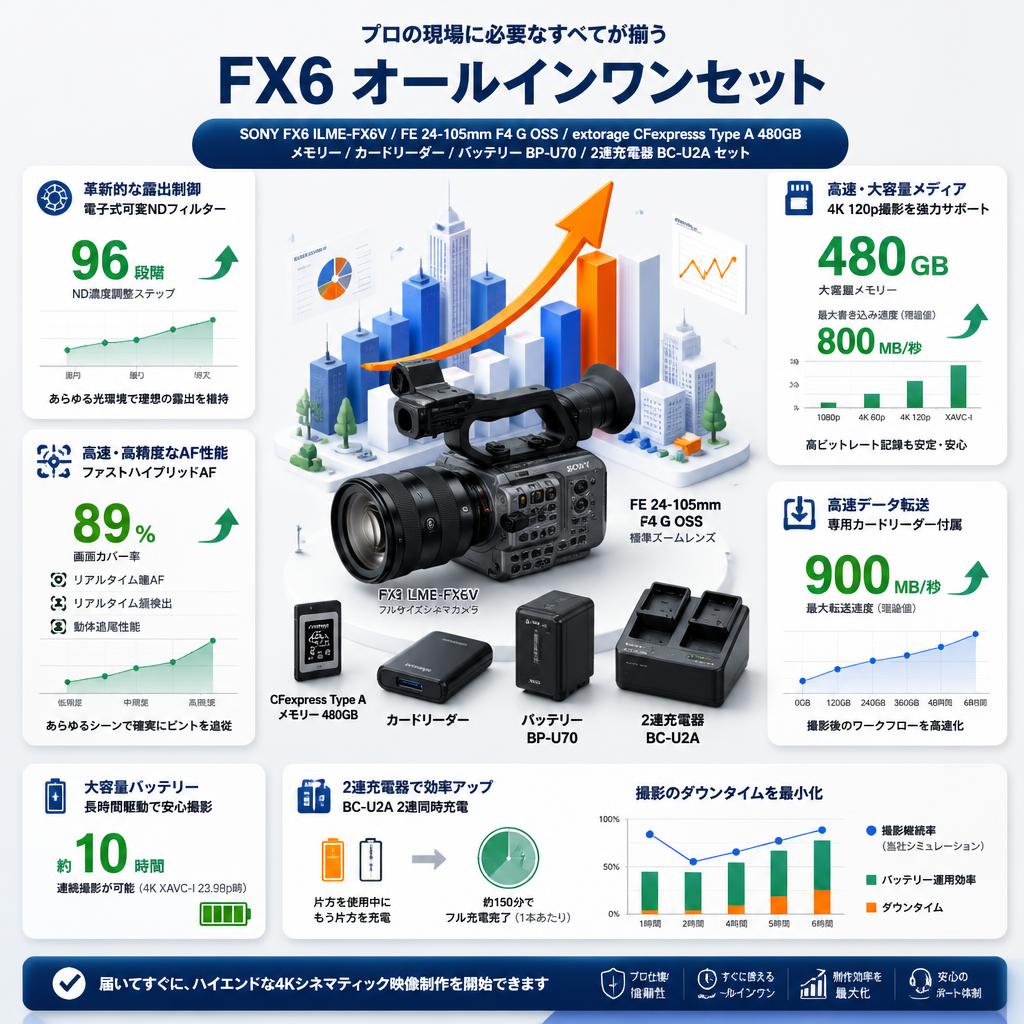 SONY FX6 ILME-FX6V / FE 24-105mm F4 G OSS / extorage CFexpress Type A 480GB メモリー / カードリーダー / バッテリー BP-U70 / 2連充電器 BC-U2A セット セールスポイント