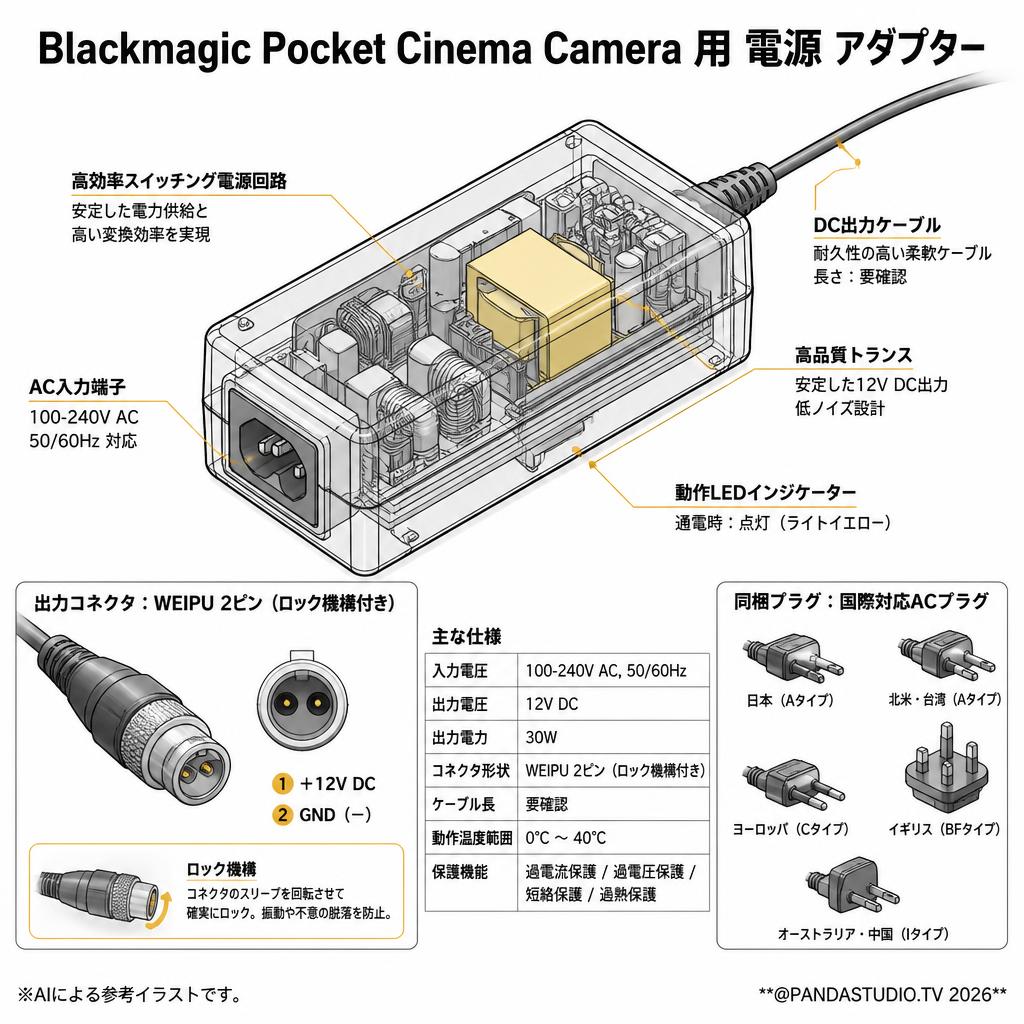 Blackmagic Pocket Cinema Camera 用 電源 アダプター スペック