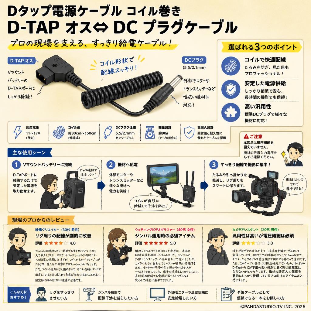 Dタップ電源ケーブル コイル巻き D-TAP オス⇔ DC プラグケーブル インターネット上のお客様の声（評判）