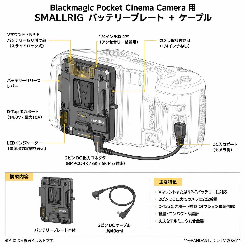 Blackmagic Pocket Cinema Camera 用 SMALLRIG バッテリープレート ＋ ケーブル スペック