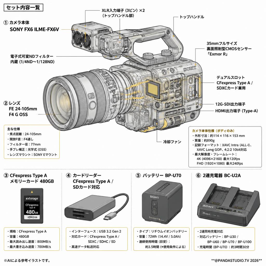 SONY FX6 ILME-FX6V / FE 24-105mm F4 G OSS / extorage CFexpress Type A 480GB メモリー / カードリーダー / バッテリー BP-U70 / 2連充電器 BC-U2A セット スペック