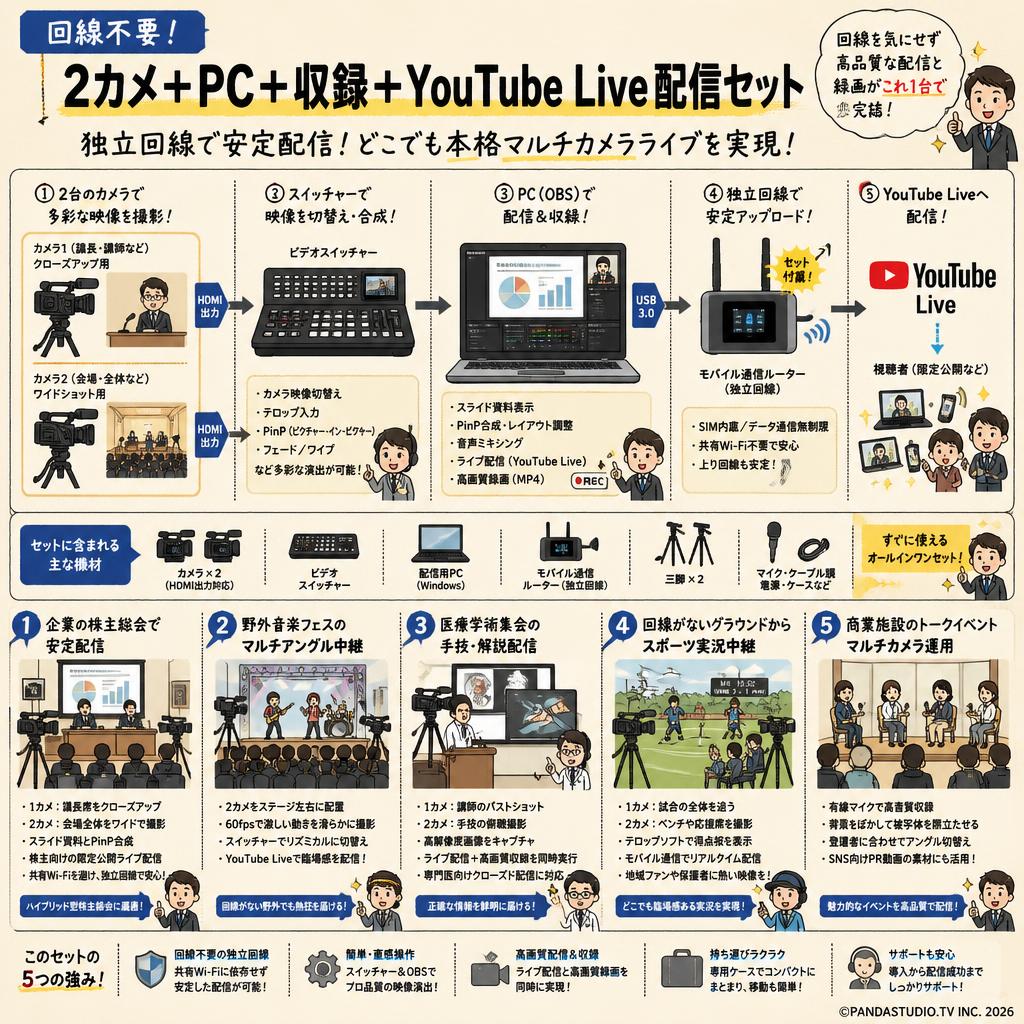 2カメ+ PC + 収録 + YouTube Live配信セット(回線不要) 用途