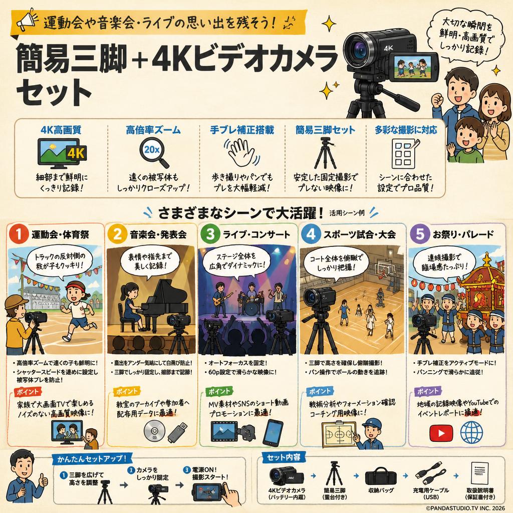 運動会や音楽会・ライブの思い出を残そう！ 簡易三脚 + 4Kビデオカメラ セット 用途