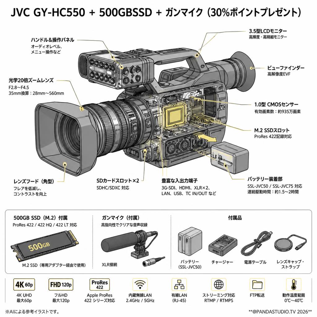 JVC GY-HC550 + 500GBSSD + ガンマイク（30％ポイントプレゼント） スペック