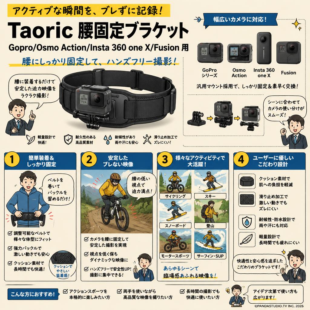 Taoric Gopro/Osmo Action/Insta 360 one X/Fusion 用 腰固定ブラケット 概要