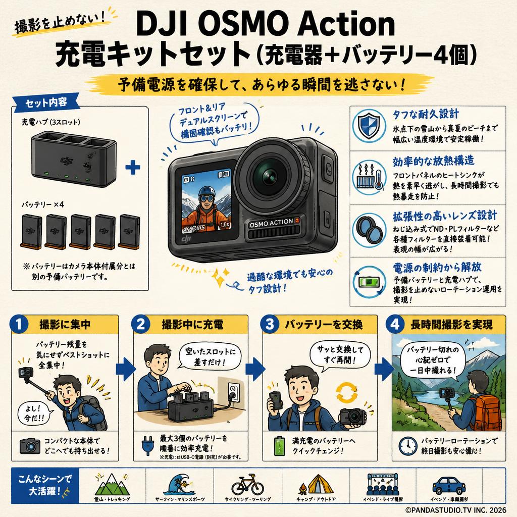 DJI OSMO Action 充電キットセット（充電器 + バッテリー4個） 概要