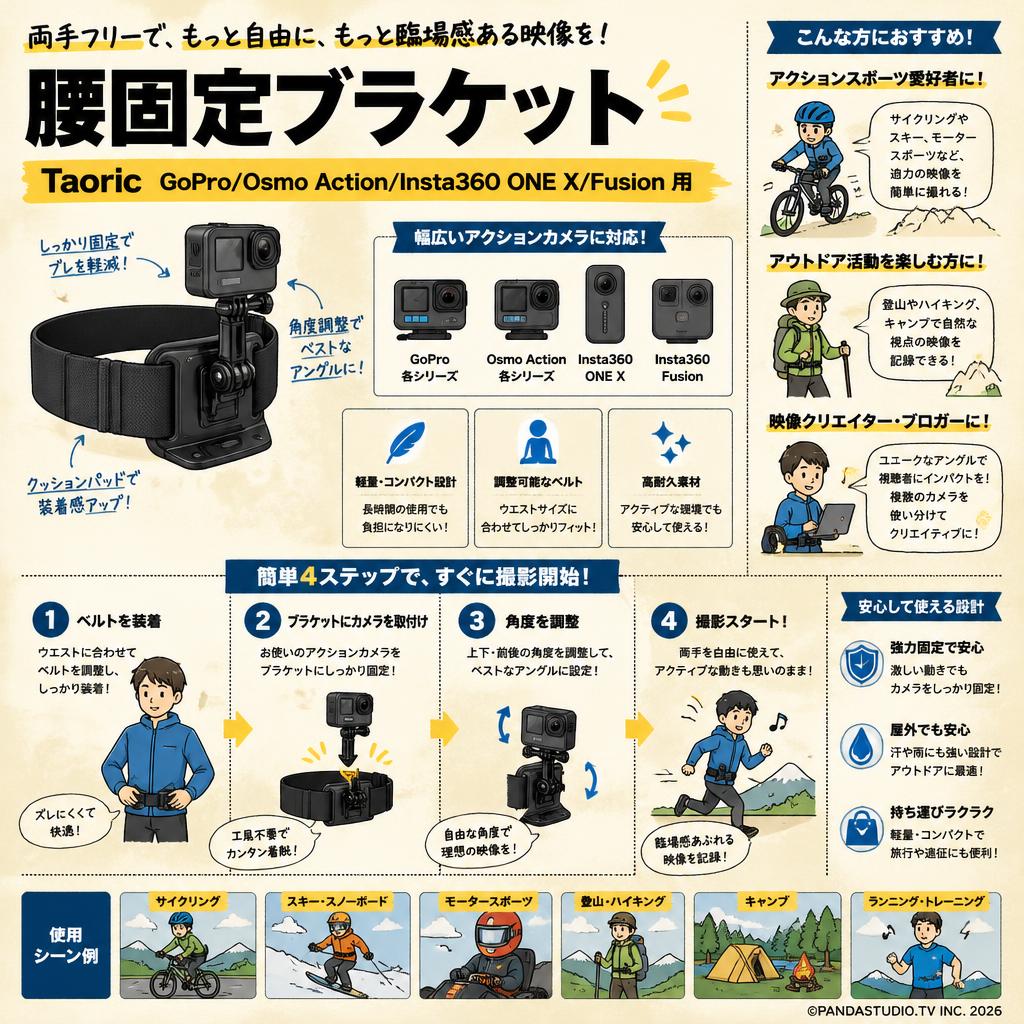 Taoric Gopro/Osmo Action/Insta 360 one X/Fusion 用 腰固定ブラケット おもな対象のお客様